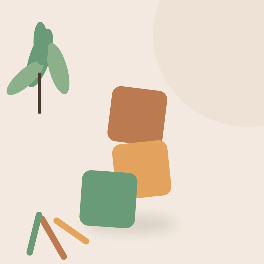 Ilustração de blocos de brinquedo e planta, representando o espaço de atendimento infantil